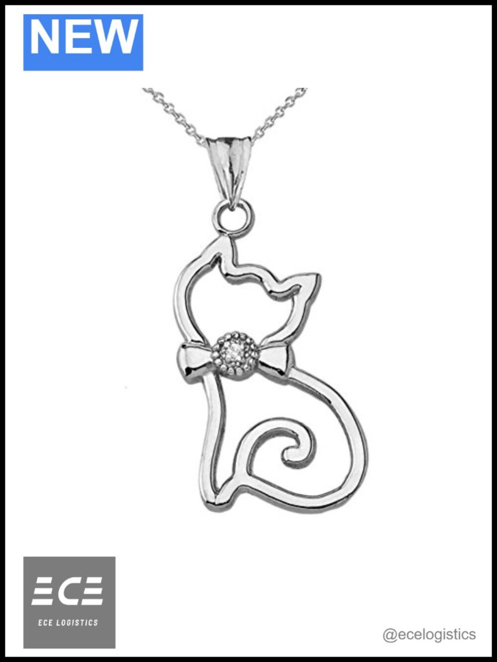 Sterling Silver Diamond Cat Charm Pendant Necklace 16 Inch
